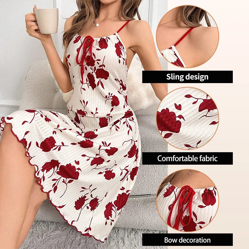 Women's Printed Knitted Ribbed Nightgown Women's Long Casual Backless Ice Silk Printed Sleeveless Suspender Sexy Nightgown
