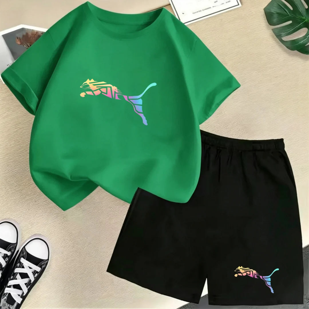 Kids Summer Casual Round Neck T-shirt Colorful Gradation Animals Boy Girl3-12Yrs Short-Sleeved+Shorts Fashion Sports Clothes Set
