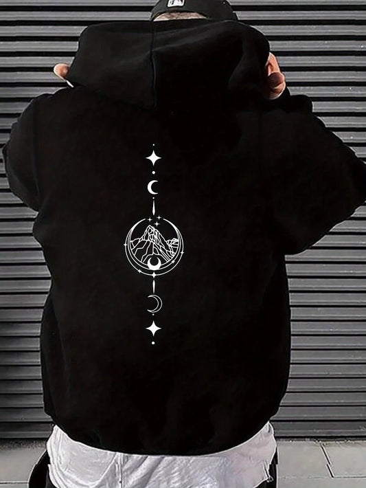 Men's autumn and winter casual fashion loose geometric print long sleeved hooded sweatshirt warm pullover
