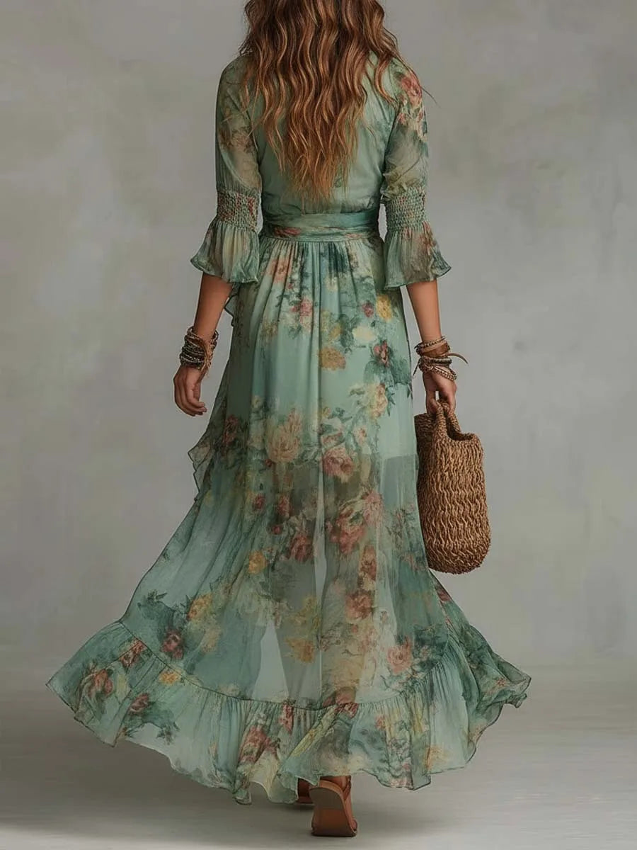 Sexy Elegant Dress For Spring Summer Retro Bohemian Print Holiday Style V-neck Lotus Leaf Sleeve Pleated Slit Irregular Dresses