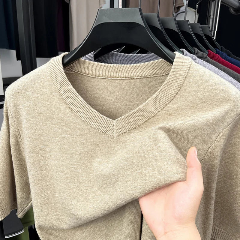 Mens V Neck Short Sleeve Wool Knit Pullover Soft Thin Knitwear For Business Office Daily Casual Spring Summer Basic Tops