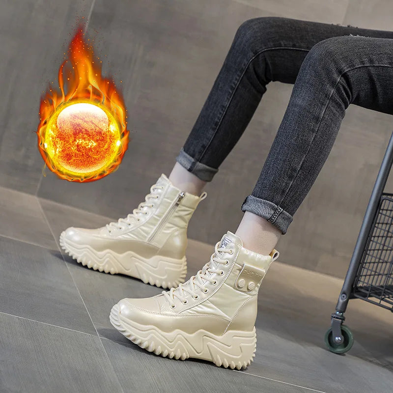 7CM Heightening Genuine Leather Platform Wedge Hidden High Heels Women Ankle Boots Casual Chunky Sneakers Spring Autumn Shoes