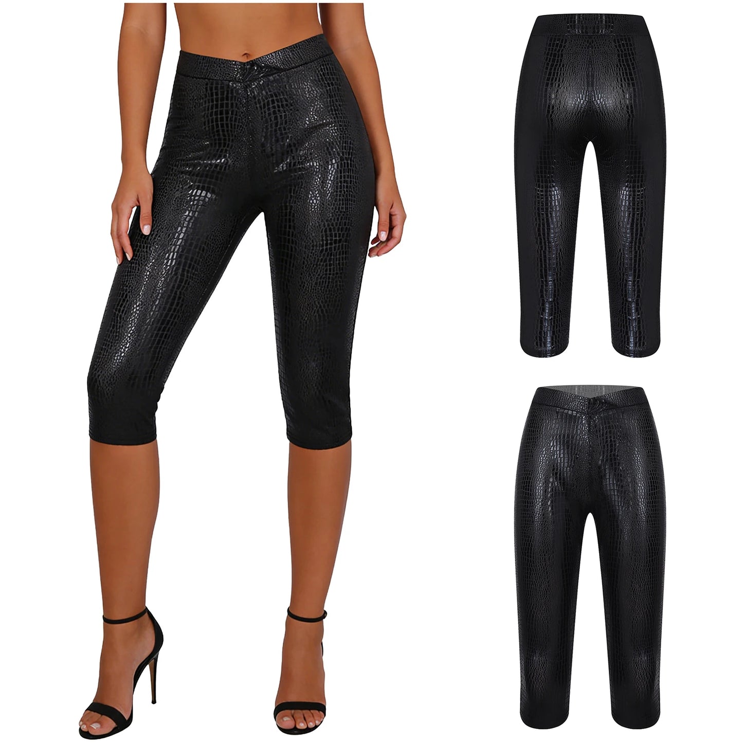 Womens Tights Skinny Pants Metallic Shiny Snake-skin Pattern Capri Pants V-shape Elastic Waistband Rave Party Nightclub Costume