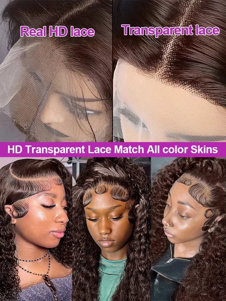 Chocolate Brown Deep Wave 40 Inch Curly Water Wave Wigs 13×6 5x5 HD Deep Wave Lace Front Human Hair Wig For Women