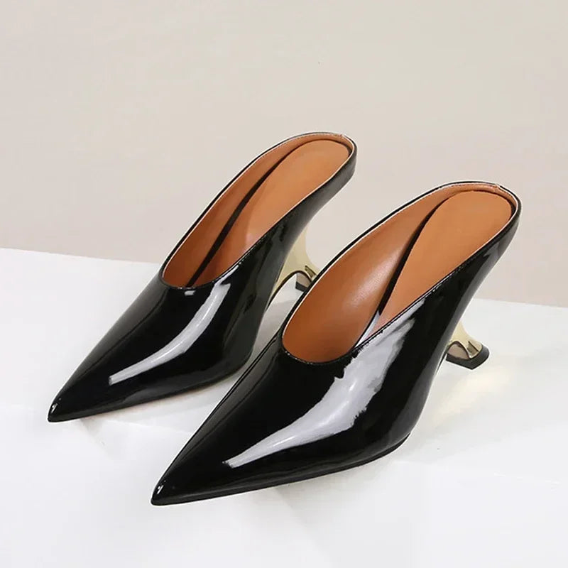 Pointed Toe Women Slippers Shoes Designer Shallow Wedges 9cm High Heels Banquet Mule Zapatos De Mujer