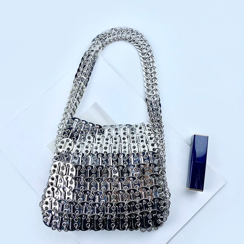 Shiny vintage iron sheet bag, hand-woven silver sequins, metal dumpling bag, mobile phone bag, handbag, shoulder bag