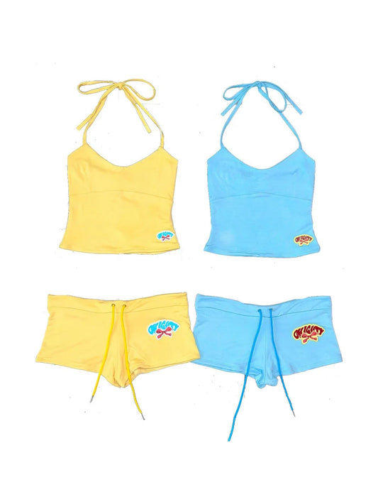 Summer New Y2K Camisole+Ultra Short Pants Set, American Sexy Trend Letter Print Contrasting Spicy Girl Outfit