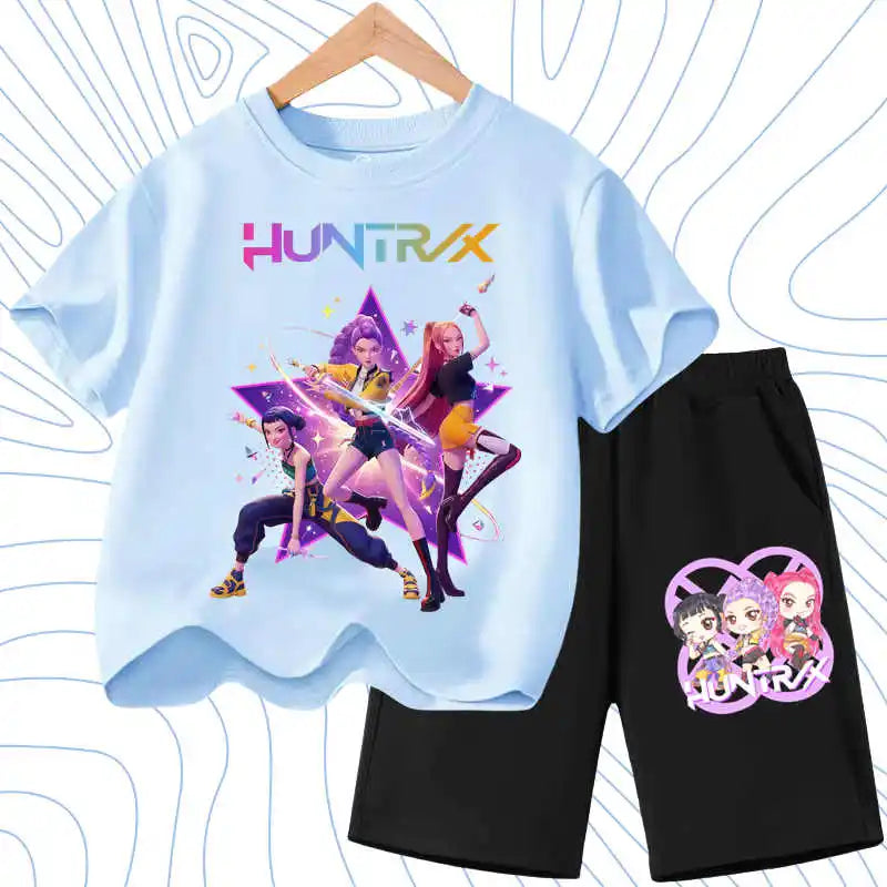 Kids Fashion Outfits Teen Children's O Neck Short Sleeve Tops Shorts 2pcs Summer Girls Casual T Shirt Sets K POP Cartoon Printed
