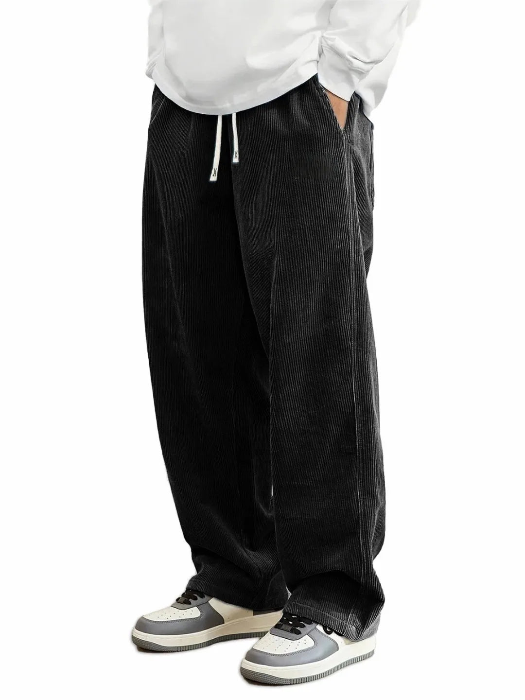 Summer Mens Corduroy Casual Pants, Loose Straight Fit Sweatpants with Elastic Waist & Drawstring, Men Outdoor Streetwear Trouser
