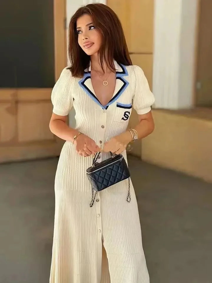 Summer Elegant Slim Knitted Long Sleeve Dress For Women Single Breasted White