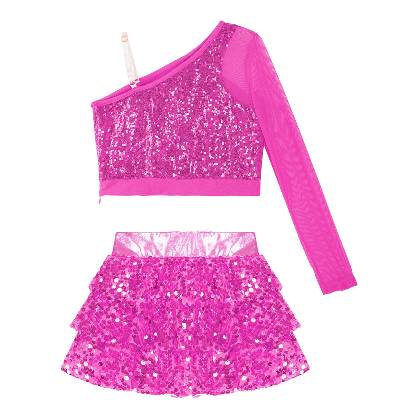 Kids Girls Dance Dresses Latin Jazz Modern Dance Show Costume Sequin Long Sleeve Crop Tops and Skirted Culottes Cheer Dancewear