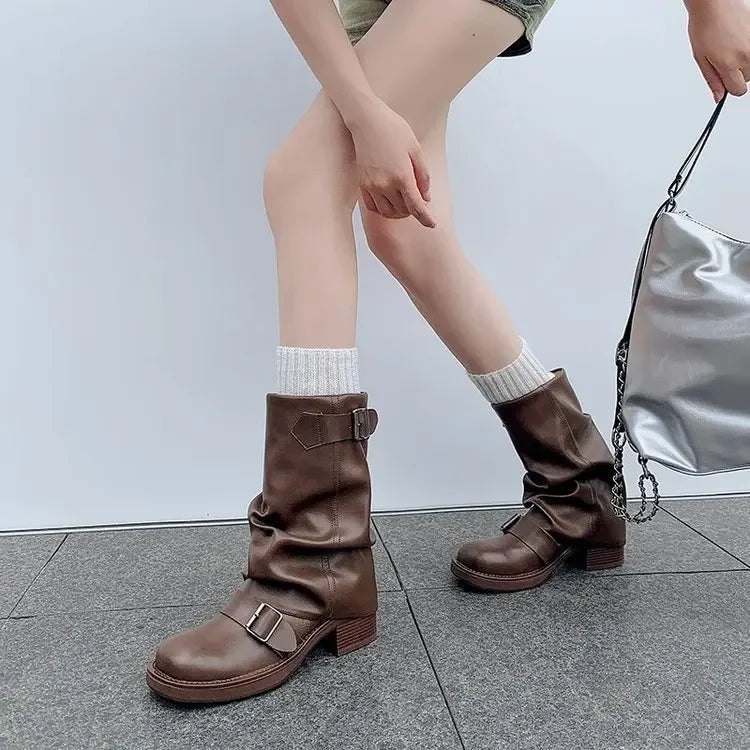 Pleated Buckle Knight Boots for Women Autumn Brown PU Leather Mid Calf Boots Woman Slip-On Thick Heel Riding 2024