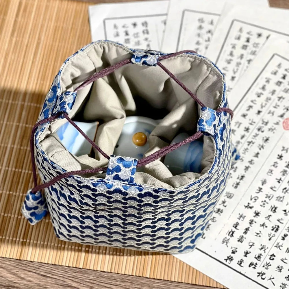 Chinese Style Tea Set Organizer Bag Embroidered Breakage-proof Teacup Drawstring Cloth Pouch Tea Ceremony Accessories