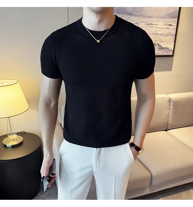 Summer Breathable T-Shirts For Men Korean Luxury Clothing O-Neck Short Sleeve Knitted Men's T Shirt Fashion Hollow Tops&Tees 3XL