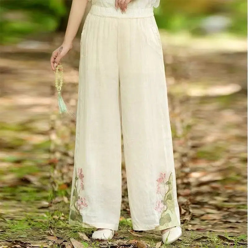 Chinese Style Vintage Embroidery Casual Trousers Women Summer Pants Literature Art National Style Retro Embroidery Bottoms
