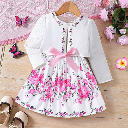 Kids Casual Clothing Sets Outfits for Girls Spring Summer Toddler Floral Print Long Sleeve Coat Tank Dress Children 2 3 4 5 6 7