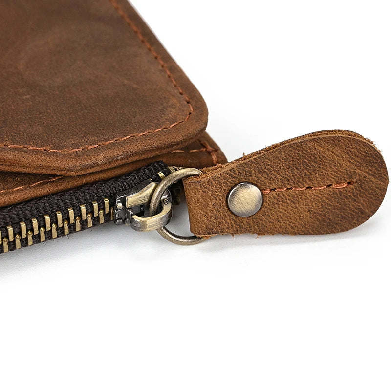 Men's Crazy Horse Leather Long Wallet Brown Real leather Trifold clutch snap purse Hasp purse with Phone pocket and coin pocket