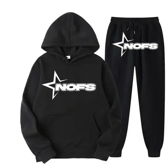 Streetwear NOFS Star Print Tracksuit Black Hoodie and Joggers Set for Men Women