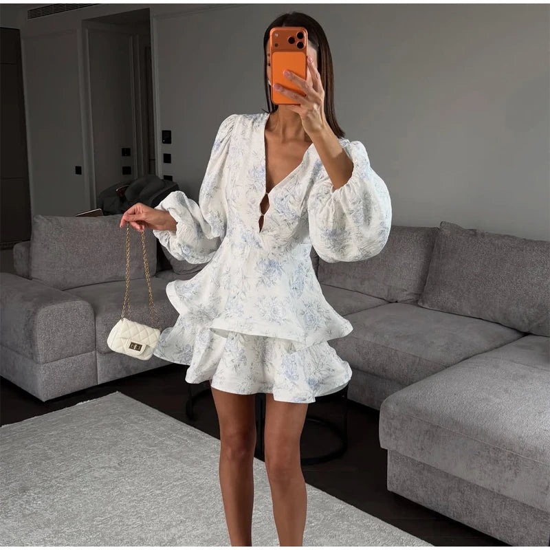 Elegant Floral Printed Waist-cinched Mini Dress Women Pleated Deep V-neck Long Sleeve Button-front Dresses Fashion Party Robe