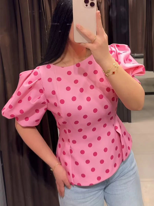 TFMLN Women's Sweet Blouse 2026 Street Chic O Neck Tee Female Summer Casual Vintage Polka Dot Puff Short Sleeve Tops New