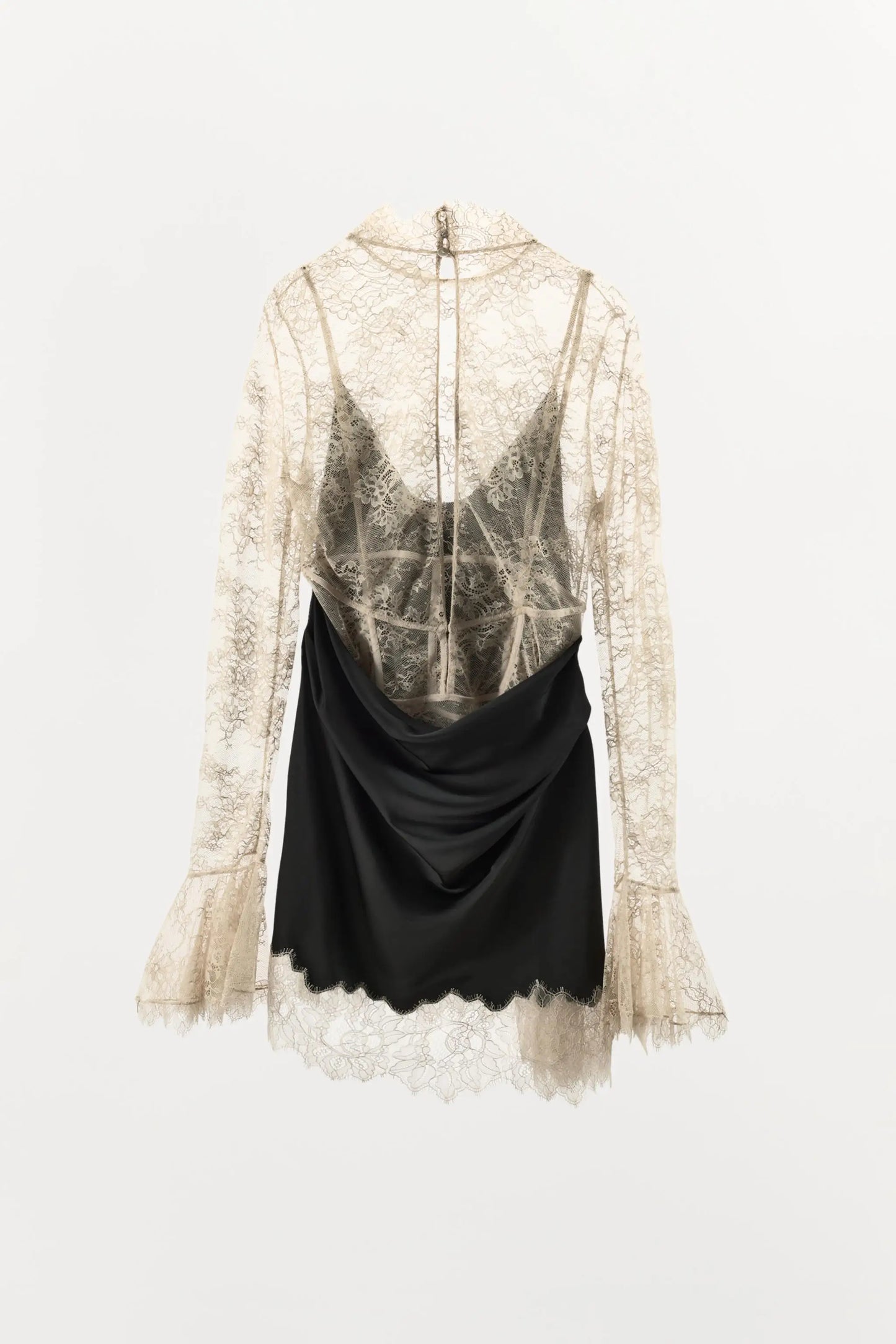 Contrast Lace Patchwork Mini Dress Women Elegant Full Flared Sleeve Waist Cinching Slim Mini Dresses 2025 Lady Street Chic Gown