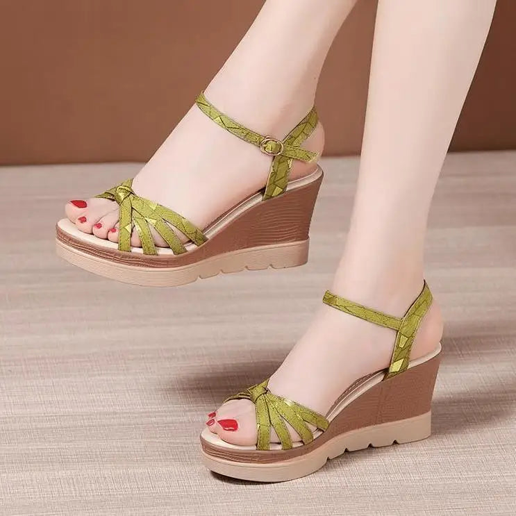 Hot Sale Thick Sole Leather Casual Platform Sandals Women Summer 2026 High Heels Wedges Shoes for Office Beach Mother