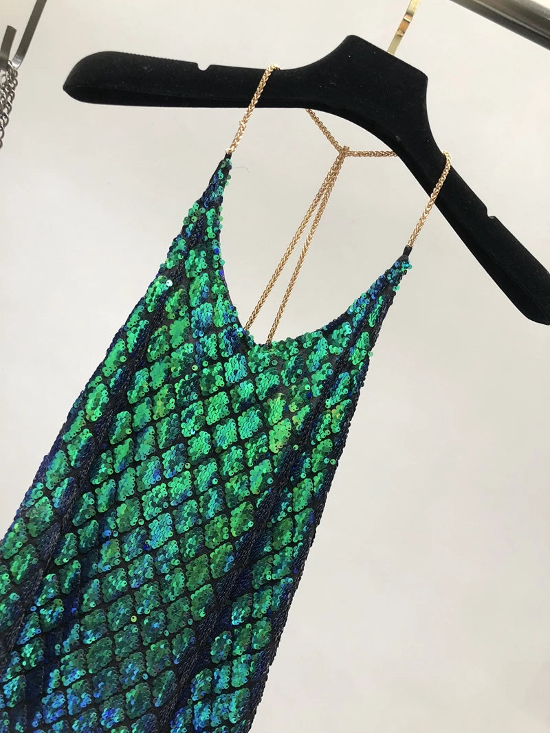 Sexy Dresses Party Night Club Dress 2020 Dress Summer Metal Hanging Neck Sequins Backless Holiday Skirt with Shoulder-straps