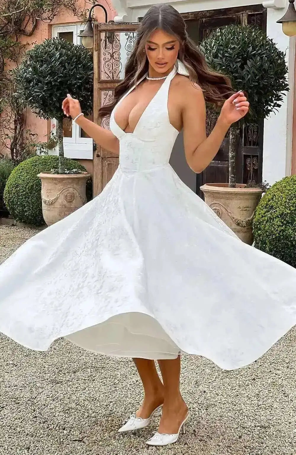 Giyu Club Evening Party Dresses Women 2025 Summer Sexy Bow Halter Long Dress Elegant Jacquard Lace Up Backless Birthday Robe
