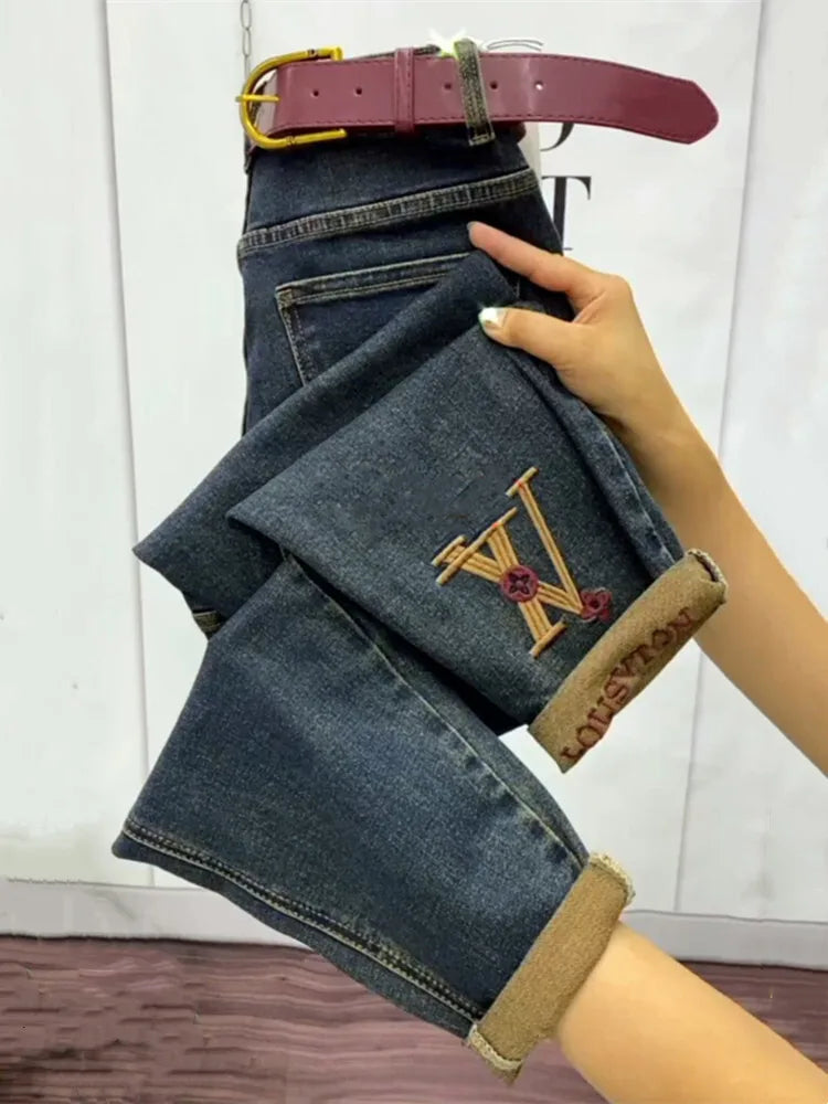 NEW Spring Autumn High Waist Straight Jeans Loose Fit Stretch Haren Denim Pants Ladies Ankle-Length Jeans Pants 2024