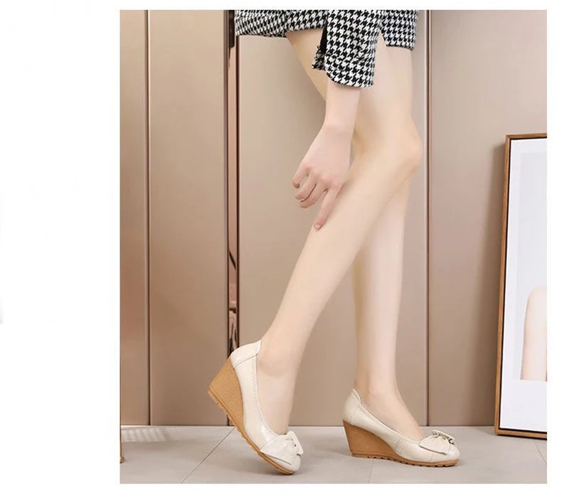Genuine Leather 7cm High Heels Women Wedge Shoes Elegant Ladies Pure Black Beige Soft Comfortable