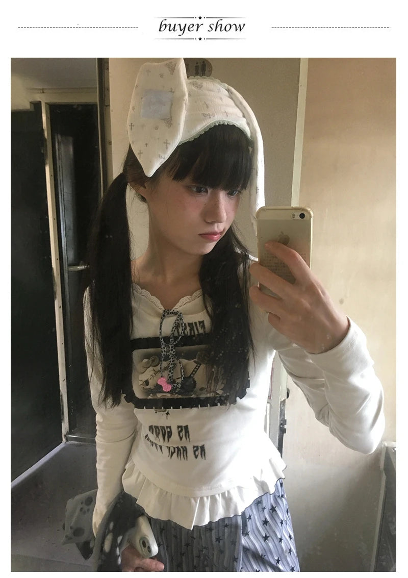 Karrram Japanese Y2k Anime Print T-shirt Trashy 2000s Style Long Sleeve T Shirt Vintage Harajuku Lace Patchwork Tops Grunge 90s