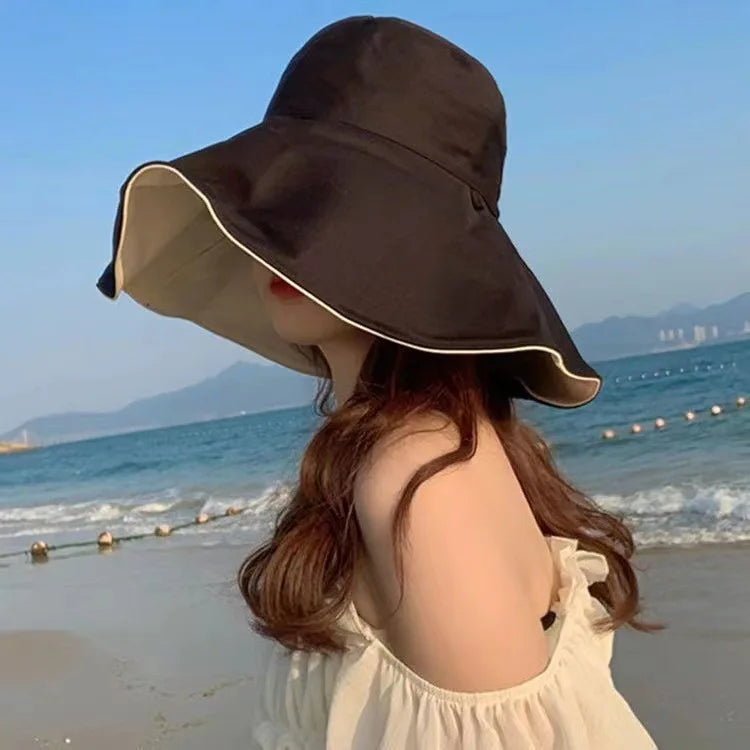 Wide Brim UPF 50+ Sun Hat Women Anti-UV Protection Hiking Fisherman Cap Fold Summer Solid Beach Hat 2024 Double sided Sun hat BAZAARHUBO