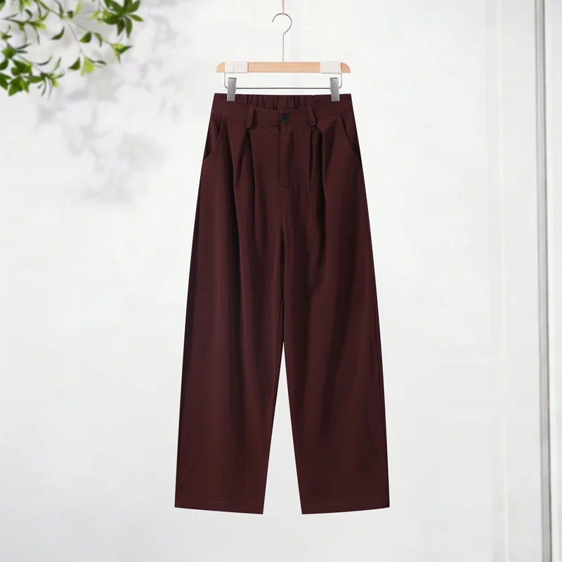 Casual Zipper Shirt Pants Suit Women Solid Button Stand Collar Drawstring Shirts Loose High Waist Trousers 2026 Spring Set Lady