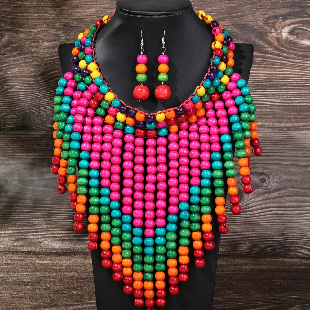 African Ethnic Colorful Wooden Bead Handmade Woven Bib Necklace And Earring Jewelry Set For Women's Vacation Accessories