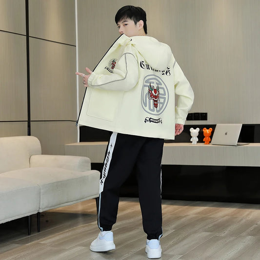Hooded Jackets And Pants Two Piece Men's Sets 2026 Spring Autumn Youth Streetwear Tracksuits Outdoor Top Coats & Jogger Clothing