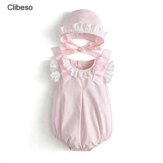 Baby Girls Pink Rompers Clothes For Kids With Hats Summer Children Spanish Clothing Girl Cotton Bubbles Newborn Jumpsuits