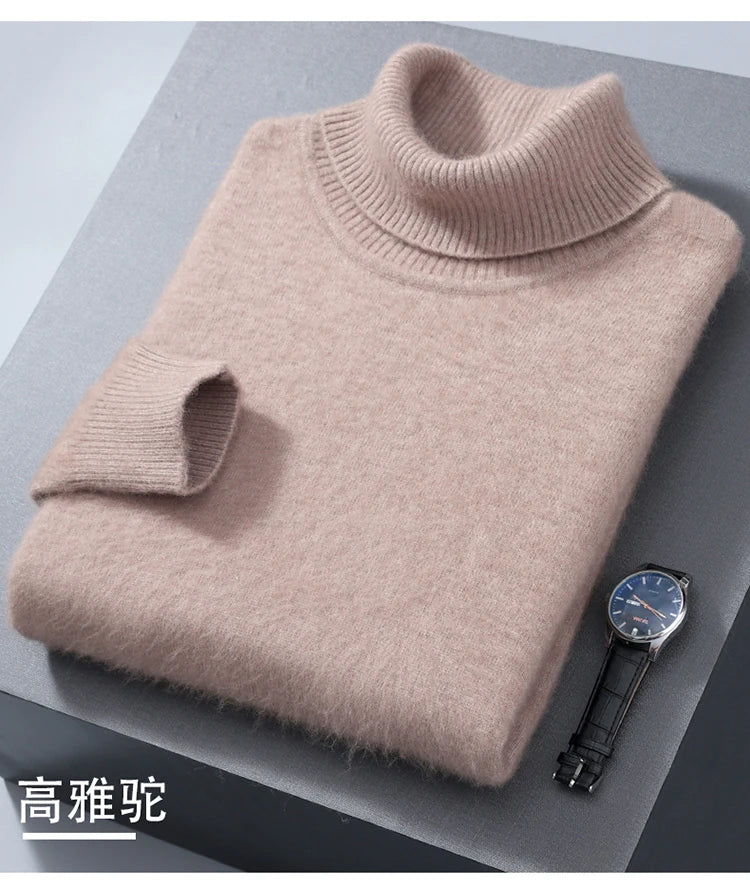 Men's 100% Mink Cashmere Sweater High Lapel Thick Knitted Pullover Casual Large Size Middle-Aged Sweater Autumn Winter New Tops