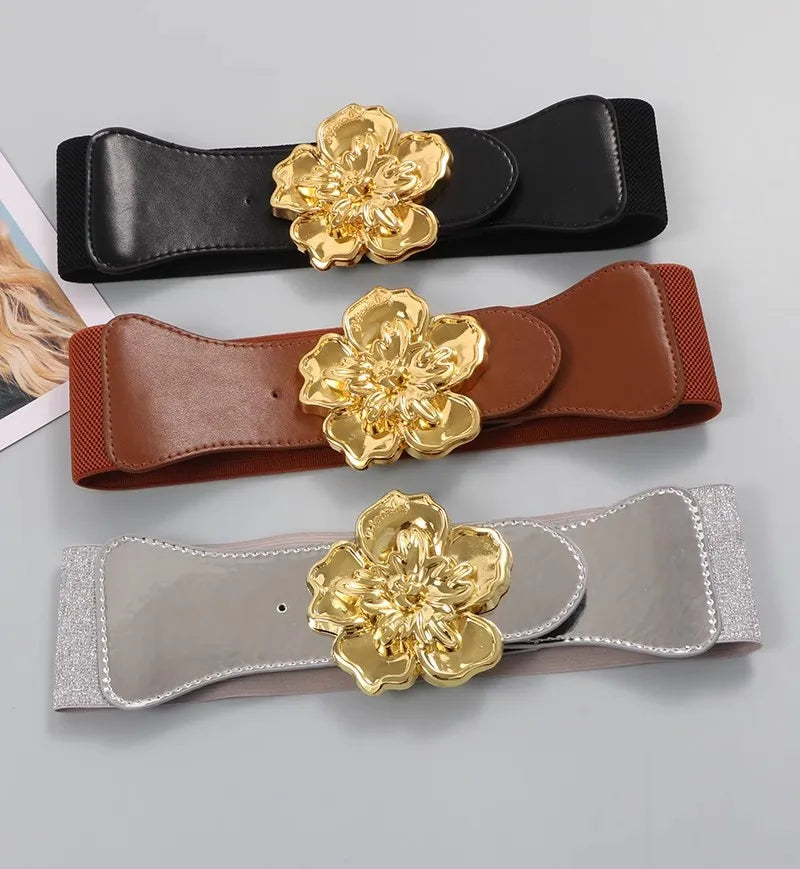Women's Fashion Flower Buckle PU Leather Elastic  Corset Female Cummerbund Coat Waistband Dress Decration Wide Belt  J088 BAZAARHUBO