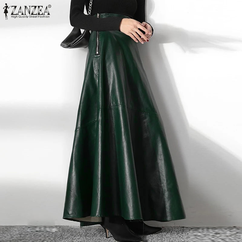 ZANZEA Women's PU Leather Maxi Skirt 2025 Autumn Elegant OL Long Saias Fashion Solid Mujer Faldas Casual High Waist Zipper Jupe