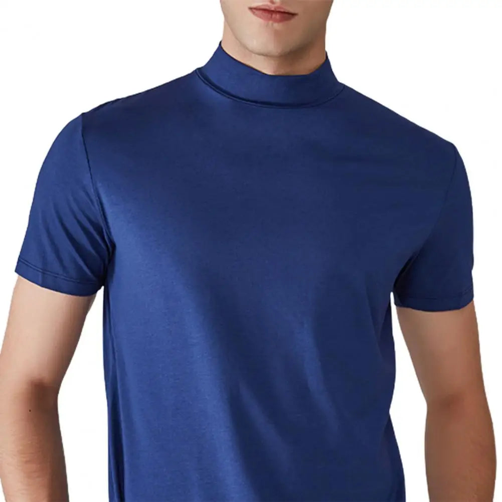 Summer Casual Short Sleeve T-shirt For Men Half High Collar Slim Fit T-shirt Solid Color Elastic Thin Pullover Tee Shirt