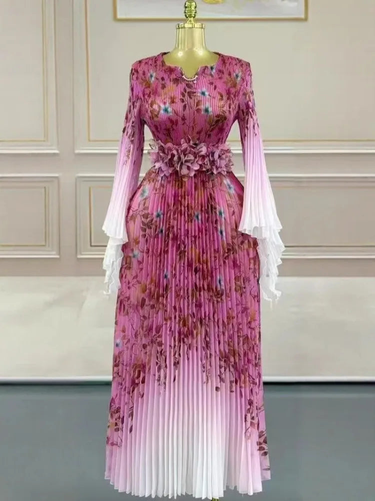 Miyake 2025 African Elegant Dress Autumn Dress New Temperament Celebrity Waist Fashion Long Dress Women's Clothing