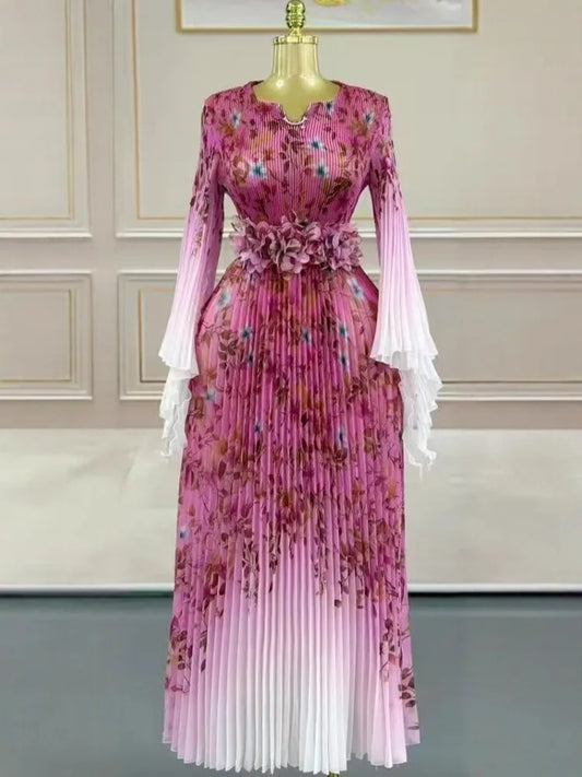 Miyake 2025 African Elegant Dress Autumn Dress New Temperament Celebrity Waist Fashion Long Dress Women's Clothing