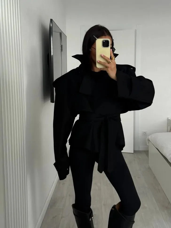 Lace Up Cropped Trench Coat Fashion Women Lapel Long Sleeves Wide Shoulder Windbreaker Jacket Lady 2026 Spring Commuting Outwear