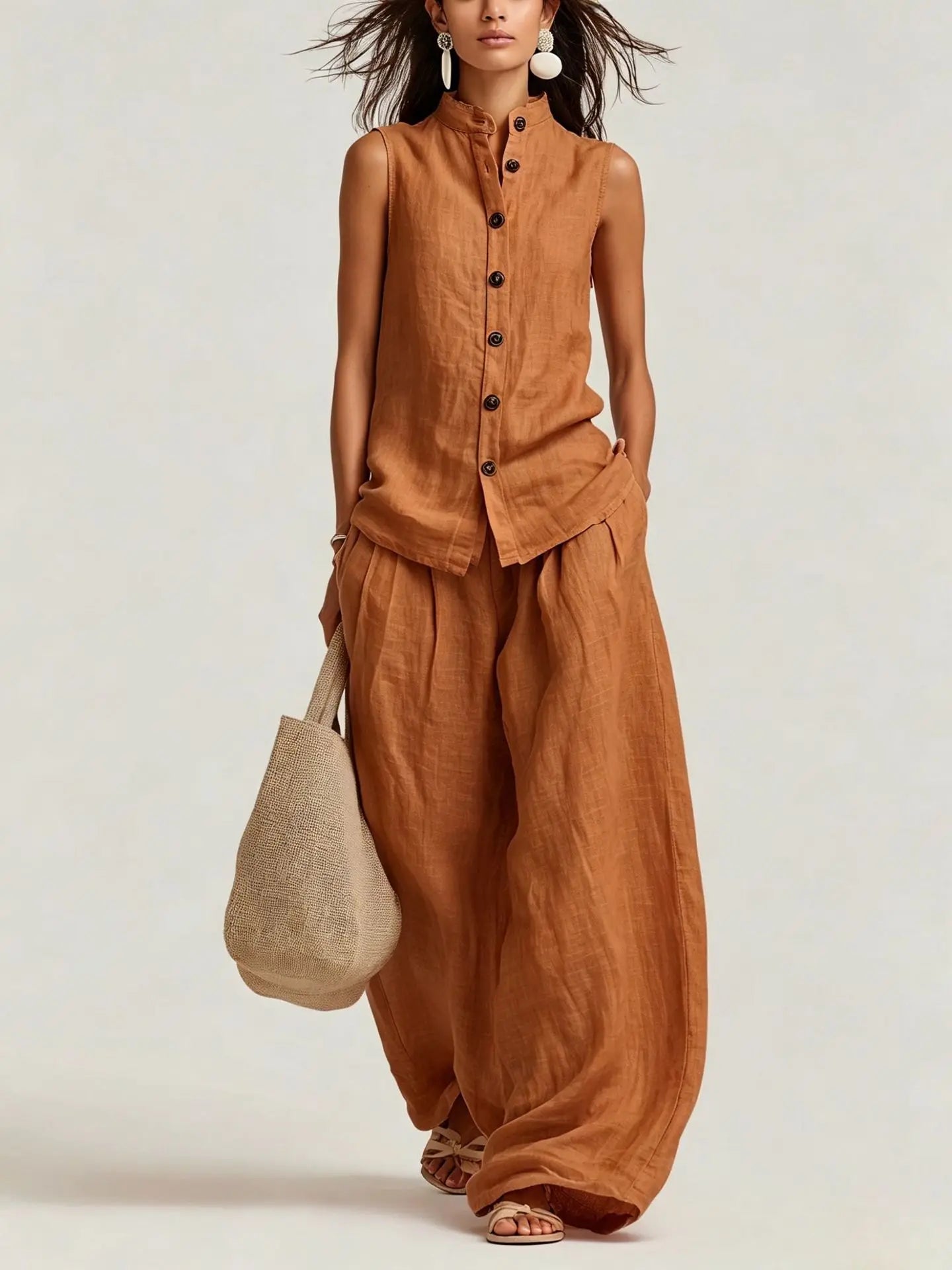 Women's Cotton Linen Vest Top and Long Pants Matching Set Casual Jumpsuit Playsuit