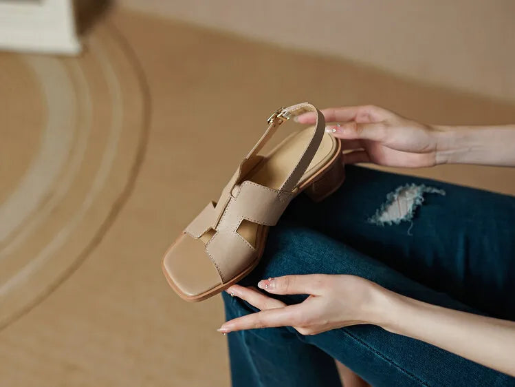 2025 Summer Women Shoes Square Toe Chunky Heel Women Sandals High Heels Ladies Shoes Casual Leather Shoes Women Genuine Leather