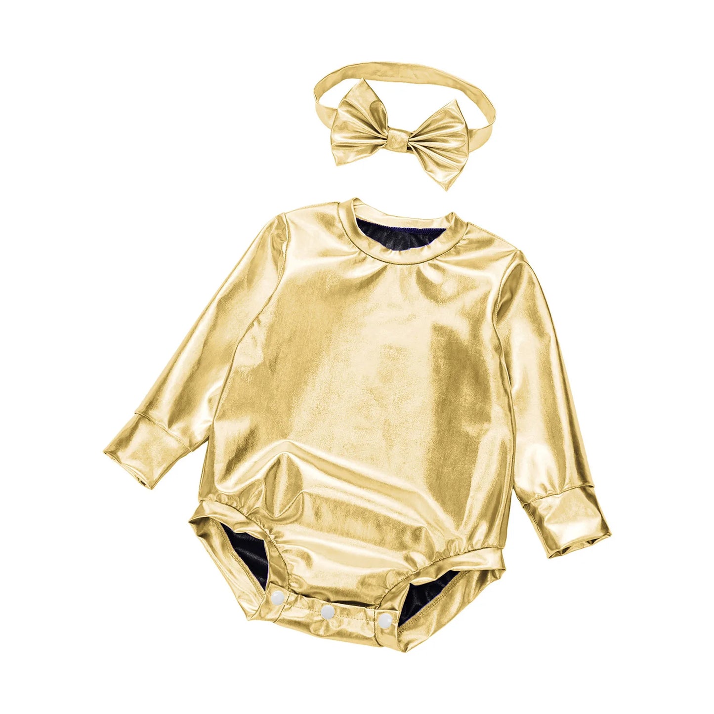 Baby Girls Long Sleeve Metallic Shiny Buttons Crotch Romper with Bow Headband Birthday Theme Party Photography Outfit Daily Wear