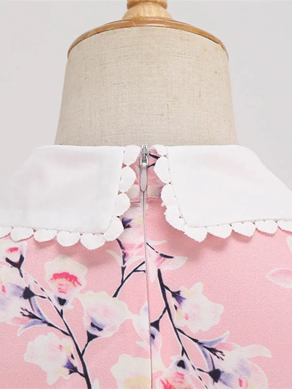 Women Vintage Dress Floral Print Peter pan Collar Elegant Party Dress Puff Short Sleeve Pin Up 50s Party Sundress 3XL