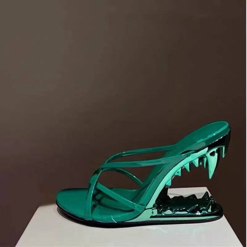 Spring Fashion Show, Teeth Shaped Heels, High Heels with Exposed Toes, Sloping Heels, Round Toe Fashion Women's Shoes