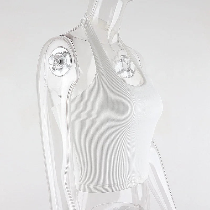 White Halter Sexy Backless Tank Tops for Women Streetwear 2023 Sleeveless Ribbed Knit Vest Top Cropped Feminino