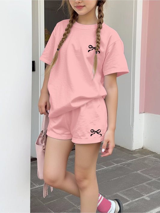 Casual Children's Clothing Set Solid Color Printed round Neck Short Sleeve Top with Wide Leg Shorts Pants for Kids